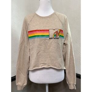 MTV Women's Medium Tan Cropped Sweatshirt Rainbow Logo Long Sleeve Retro Graphic